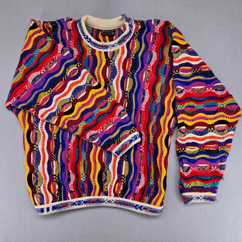 Coogi Australia 3D Knit Crewneck Wool Sweater Hip Hop Multi Color Medium Vintage